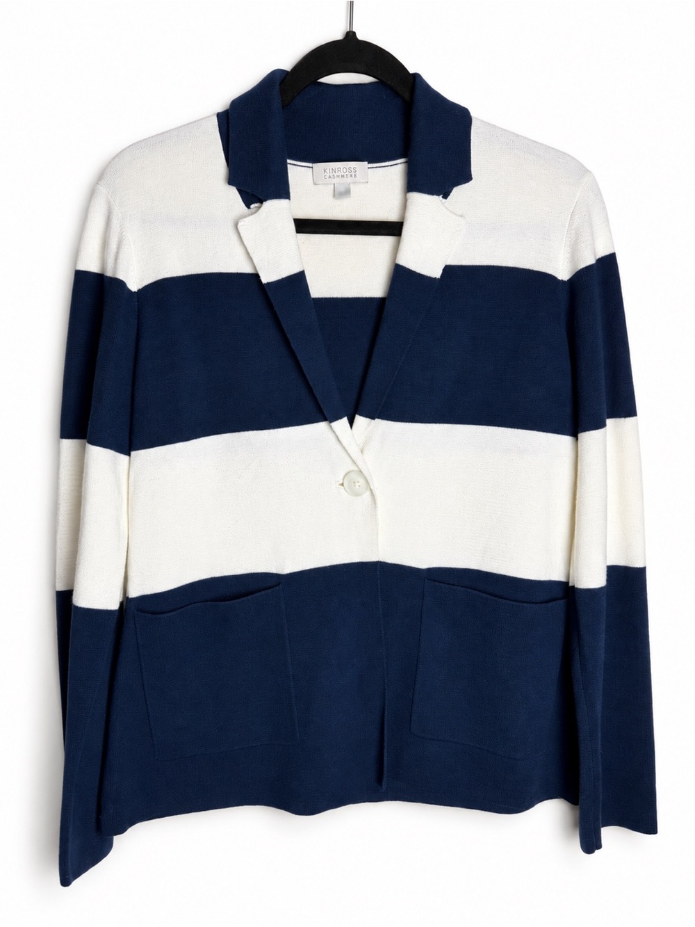Kinross Cotton Cashmere Blend Navy White Striped Knit Blazer Cardigan Large